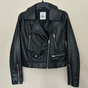 Forever Flower Women’s Cropped Black Leather Moto Jacket